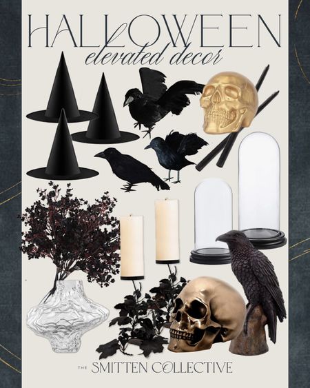 Elevated Halloween decor includes skull decor, gold skull decor, tabletop cloche dome jar, crow decor, black raven statue, clear flower vase, black stems, black floral candle holders, black witch hats, black candlesticks.

Halloween decor, Halloween finds, home decor, Halloween accents

#LTKstyletip #LTKhome #LTKHalloween