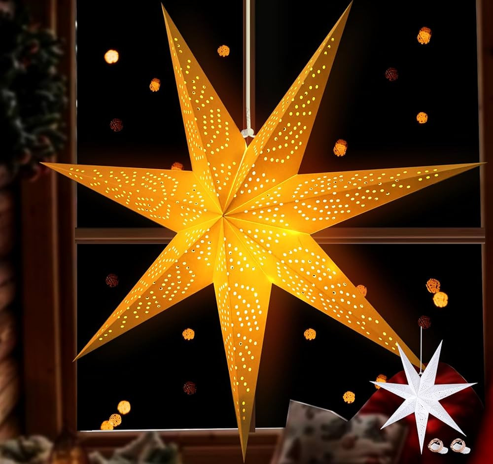HOUÍSM Paper Star Lanterns Christmas Hanging Decorations Star Light Paper Lanterns with LED Fair... | Amazon (US)