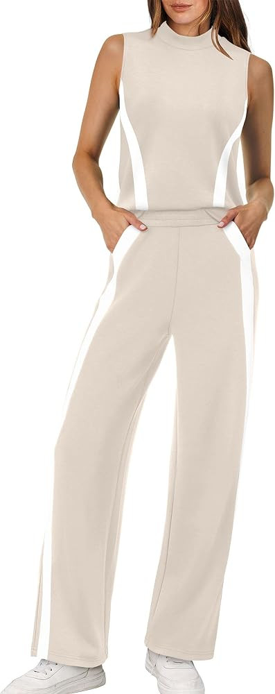 XIEERDUO Two Piece Sets for Women Summer Outfits Travel Mock Neck Lounge Sets Wide Leg Pants Beac... | Amazon (US)
