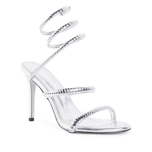 perixir Silver Spiral Heeled Sandals for Women Silvery Sparkly Stiletto Heels with Sexy Ankle Wrap Around 4.17" High Heel Open Toe Metallic Prom Slingback Sandal Snake Wrap 2025 Club Shoes Size 11 | Amazon (US)