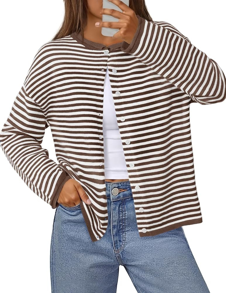 MEROKEETY Womens Striped Cardigan Sweaters 2026 Button Lightweight Long Sleeve Loose Knit Fall Sw... | Amazon (US)