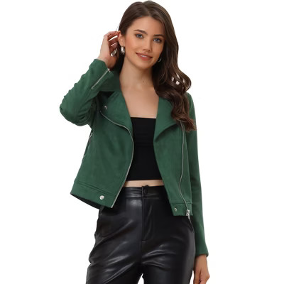 Allegra K Women's Zip Up Faux Suede Biker Moto Jacket Dark Green Medium | Target