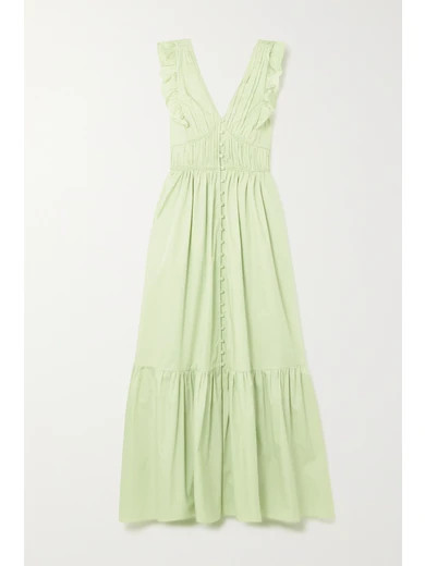 Self-Portrait - Tie-back Ruffled Cotton-poplin Maxi Dress - Mint | NET-A-PORTER (US)