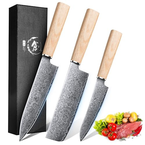 ROCOCO Damascus Chef Knife Set - Japanese Nakiri Utility Paring Knives Sharp Gyuto Meat Cleaver for Home Kitchen Gift Idea | Amazon (US)