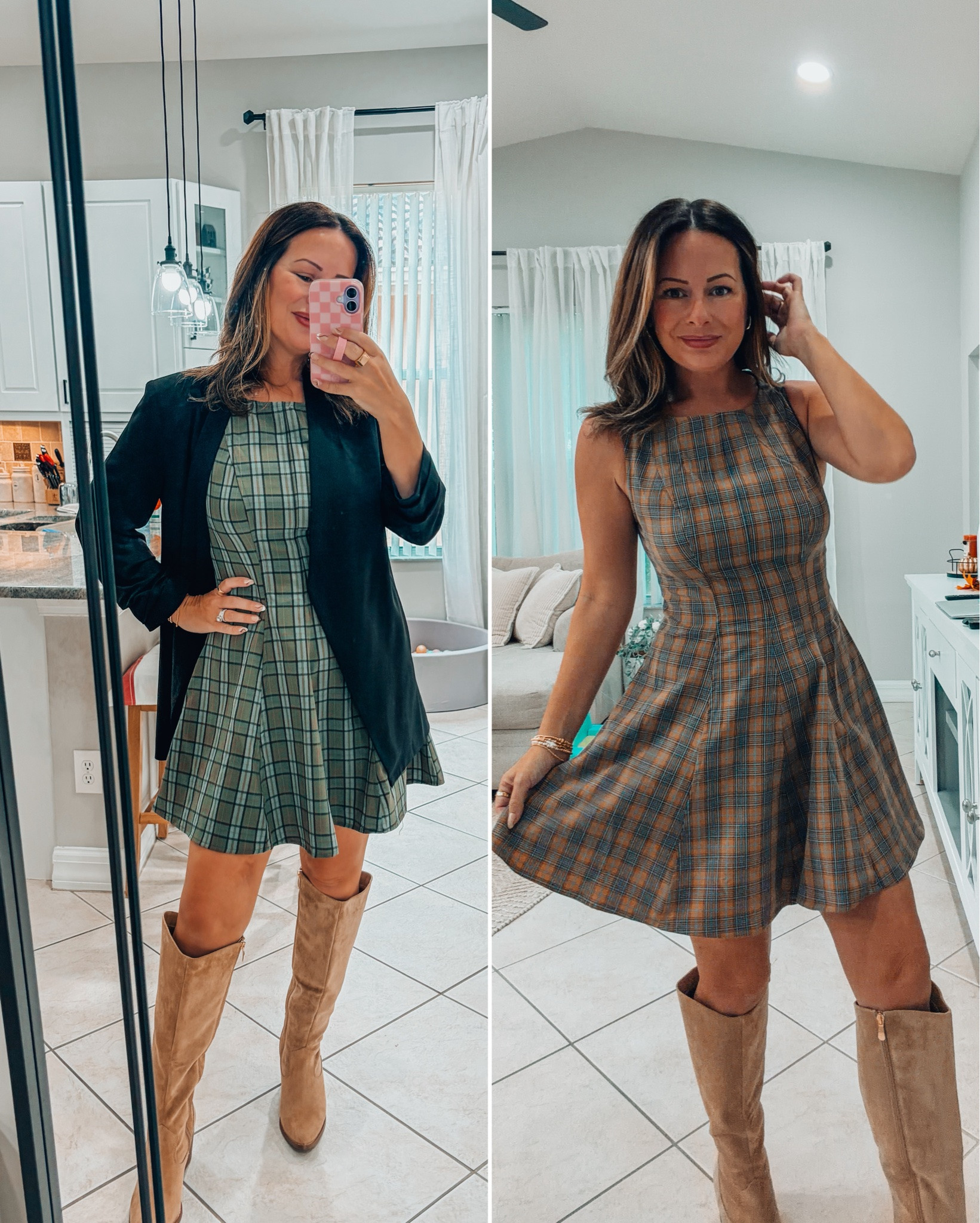 Fall outfit inspo with the cutest plaid mini dresses! 🤎🍂 Two colors, two ways to style! Love these affordable plaid fit-and-flare dresses paired with knee-high suede boots. Add a blazer for a chic fall look or wear alone for date night, brunch & everyday style! 5’2 wearing SMALL 

#FallOutfitIdeas #PlaidDress #AmazonFashion #FallDresses #KneeHighBoots #AffordableFallFashion #LTKStyle #FallFashionTrends