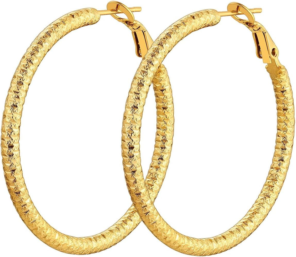 FindChic Stainless Steel Hammered Hoop Earrings for Women Gold Plated/Black 30mm/40mm/60mm/80mm/1... | Amazon (US)