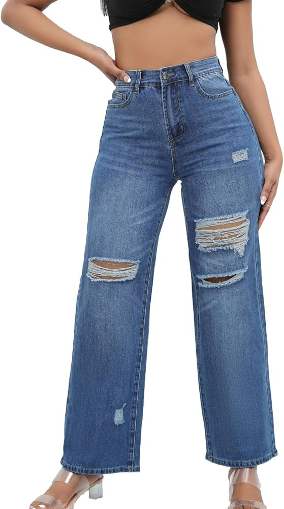 Women Stretchy Distressed Wide Leg Jeans Ripped Mom Baggy Straight Boyfriend Trendy Trouser Denim... | Amazon (US)