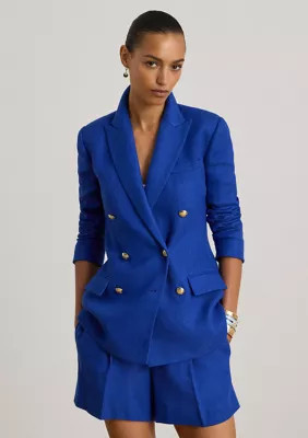 Lauren Ralph Lauren Women's Double-Breasted Linen-Cotton Blazer, Blue, 10 | Belk