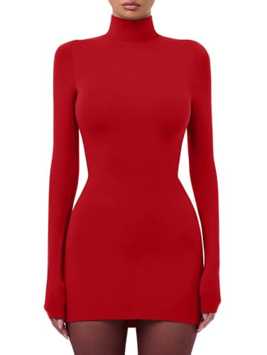 LAGSHIAN Women's Sexy Basic High Neck Long Sleeve Bodycon Club Party Mini Dress | Amazon (US)