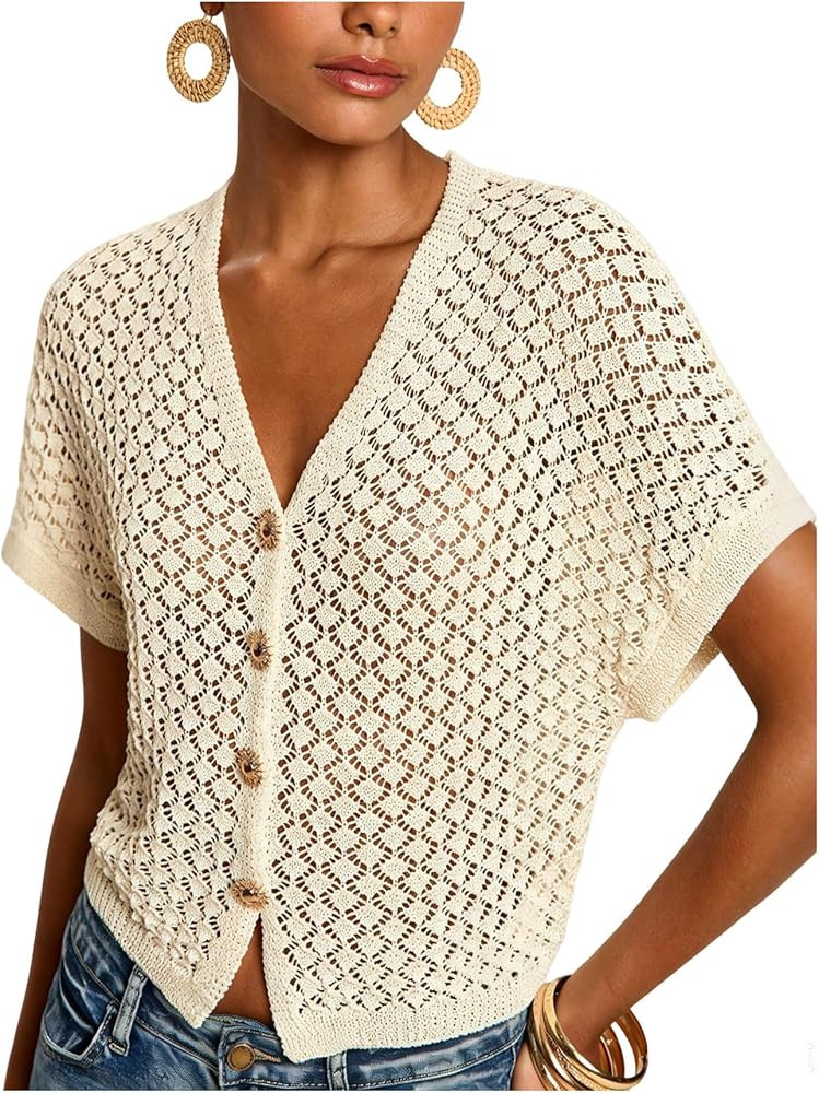 Verdusa Women's Button Down Sweater Hollow Out V Neck Short Sleeve Crochet Tops | Amazon (US)