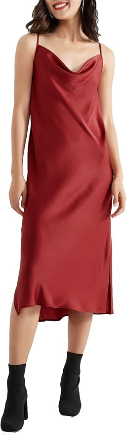 SUPESU Women's Adjustable Sleeveless Spaghetti Strap Silky Satin Midi Slip Dress, Black (US Size ... | Amazon (US)