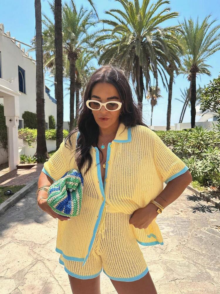 Women's 2-Piece Summer Vacation Set, Yellow & Blue Crochet Hollow Knit Polo Shirt And Shorts Set - Women's Summer Holiday Vacation Outfit, Knit Beach Cover-Up Set, Women's Sexy Fitted Summer Casual Suit | SHEIN