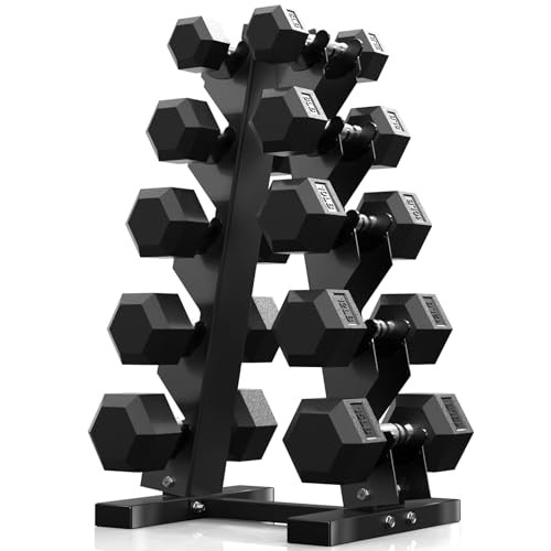PAPABABE Dumbbell Set Rubber Encased Hex Dumbbell Free Weights Dumbbells Set Home Weight Set- 100 lb Set (Pair of 5 8 10 12 15 lb with Rack) | Amazon (US)