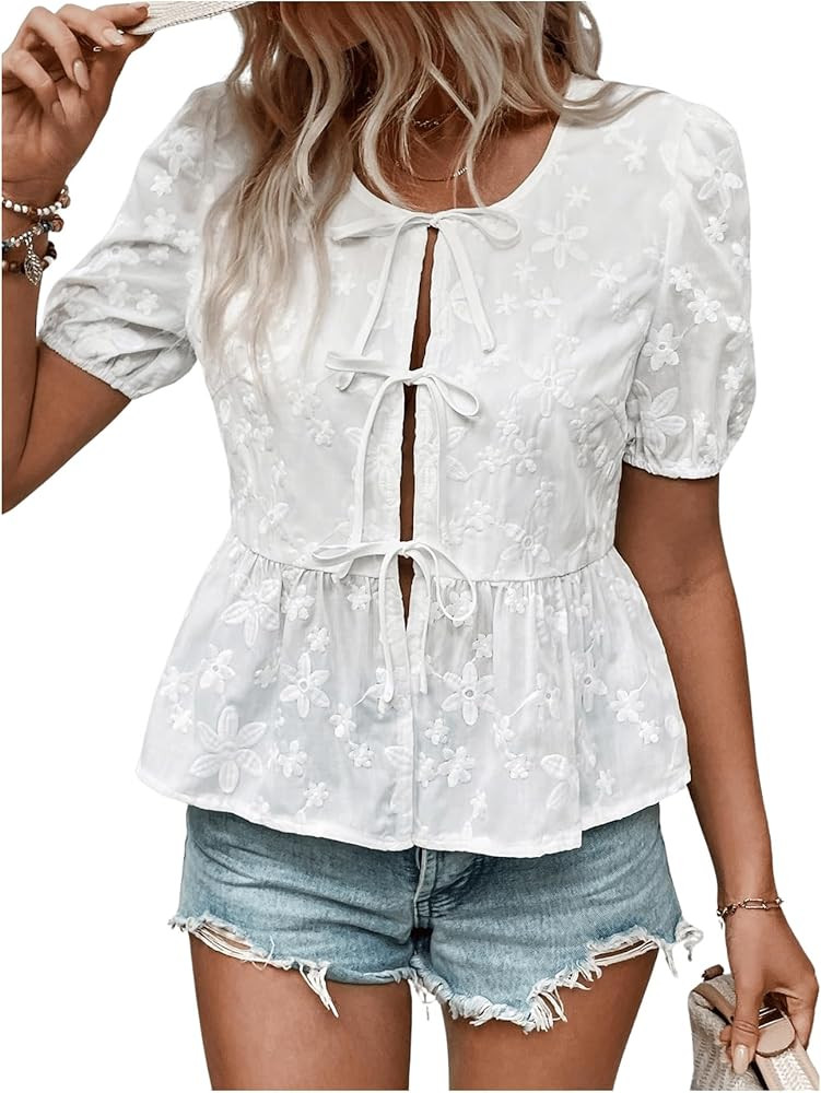 OYOANGLE Women's Floral Embroidery Short Puff Sleeve Blouse Tie Front Babydoll Peplum Tops | Amazon (US)