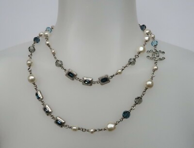 Chanel Silver-pearl-blue Crystal CC Logo Long Necklace | eBay US