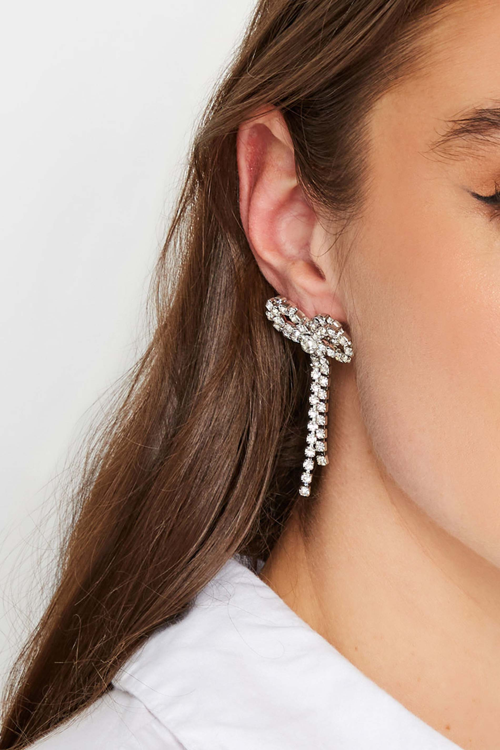 Silver Diamante Bow Drop Earrings | Yours Clothing UK