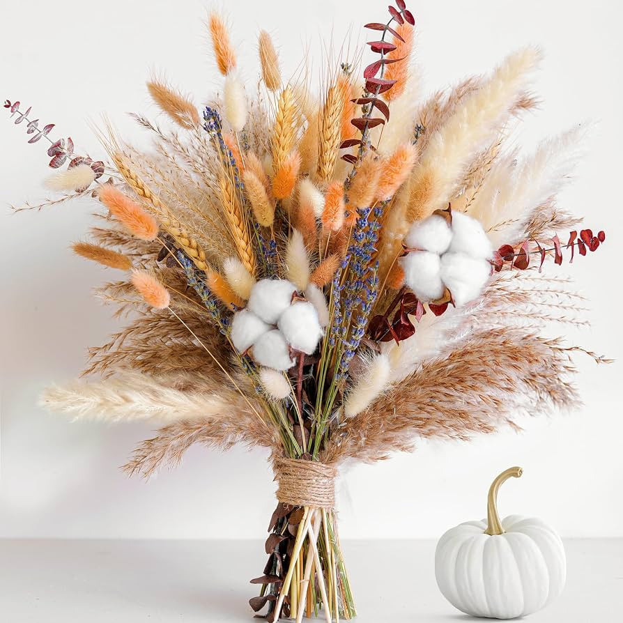 Fall Dried Flower Bouquet \u2013 Boho Fall Decor with Pampas Grass, Cotton, and Orange Bunny Tail... | Amazon (US)