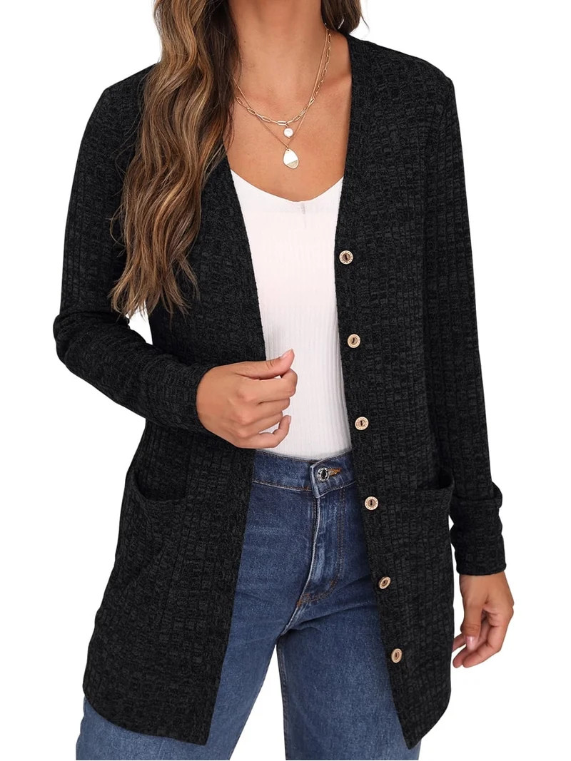 JWD Open Front Black Cardigan for Women Button Down Long Sleeve Outerwear with Pocket | Walmart (US)
