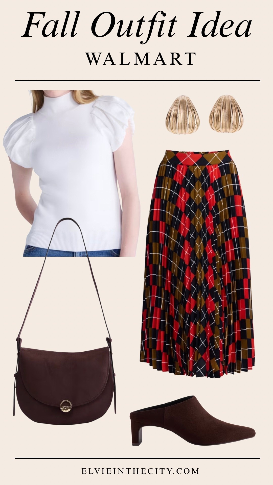 This fall outfit idea from Walmart includes a white mock neck top with bubble sleeves, a pleated argyle maxi skirt, brown slip on heeled mules, chocolate crossbody handbag, and gold toned earrings. 

Walmart finds, over 50 style, midlife fashion, petite fashion,midlife women, affordable fashion, fashion over40

#LTKOver40 #LTKPetite #LTKootd