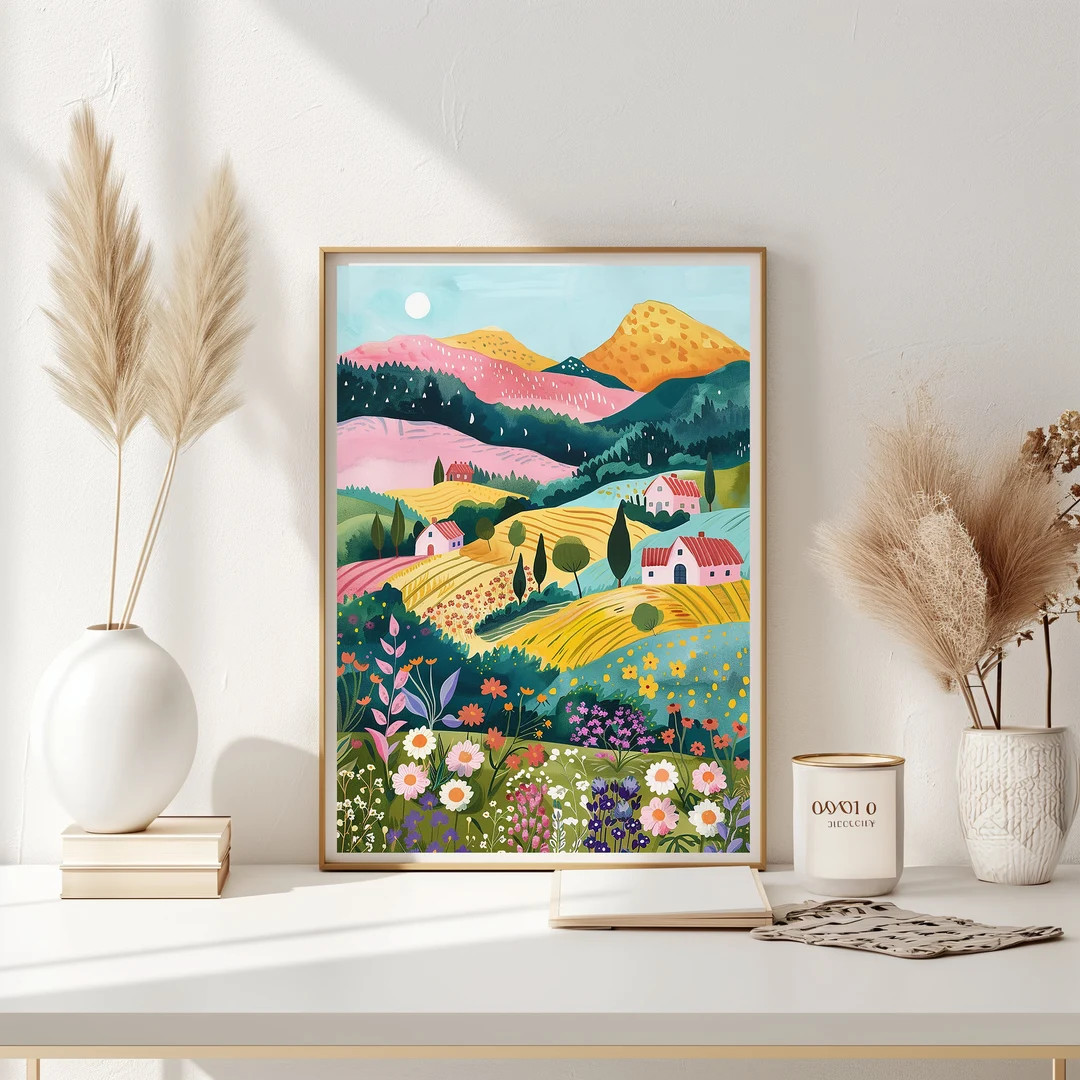 Hills in Bloom Art Print, Nature Landscape Folk Illustration,french Countryside Colourful Art,rol... | Etsy (US)
