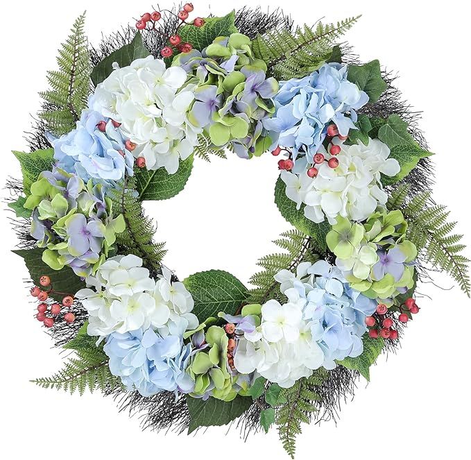 Wreaths for Front Door- 23'' Handmade Hydrangeas Spring Summer Wreaths, Blue White Purple Artific... | Amazon (US)