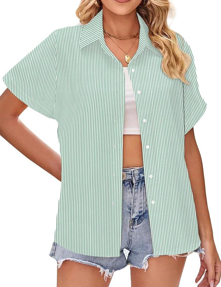 Hawaiian Shirt for Women Vacation Beach Tropical Button Down Shirts Summer Hawaii Aloha Short Sle... | Amazon (US)