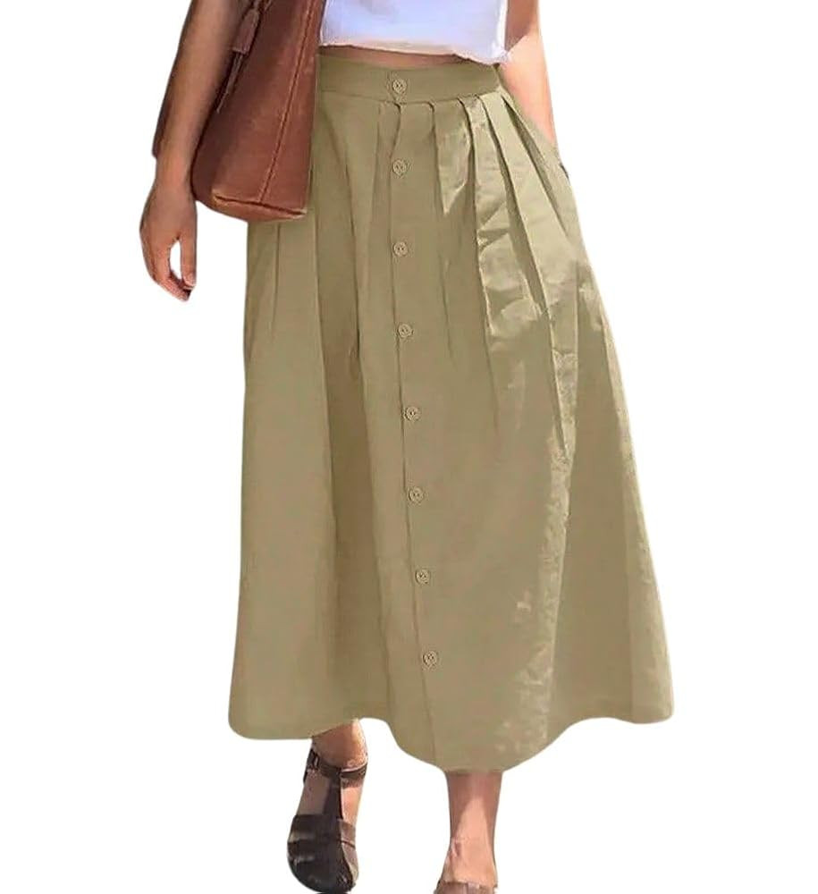 chouyatou Women's High Waisted Button Front Skirt A-Line Pleated Cotton Midi Long Skirt with Pock... | Amazon (US)