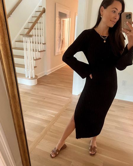 Kat Jamieson of With Love From Kat wears an Other Stories black ribbed knit dress with Hermes sandals. LBD, cocktail dress, semi casual, date night. 

#LTKstyletip #LTKSeasonal