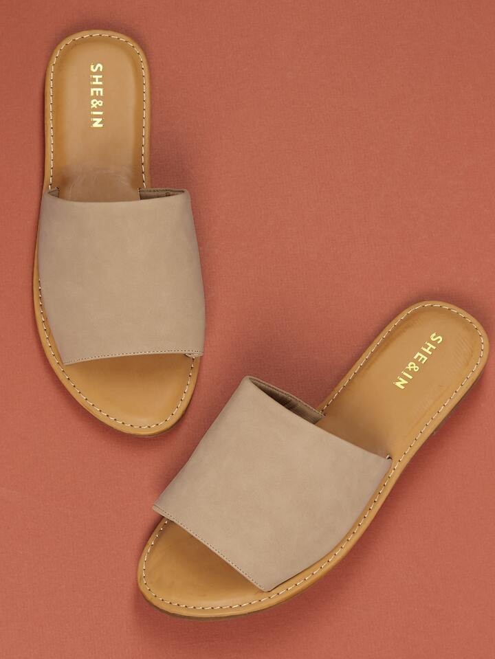Wide Nubuck Single Band Slide Sandal NUDE | SHEIN