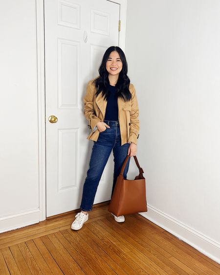 Cropped trench coat (XS)
Navy t-shirt (XS)
High waisted jeans (27P)
Brown bag
White sneakers (TTS)
Smart casual outfit
Mom outfit
Spring outfit
LOFT outfit

#LTKstyletip #LTKSeasonal #LTKfindsunder50