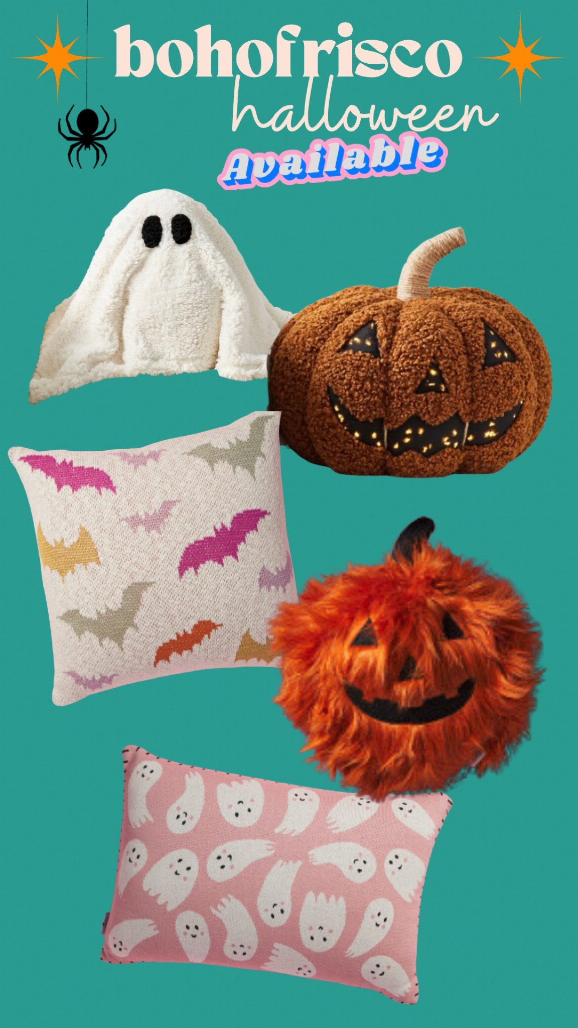 Halloween 2023 available now - pumpkin pillows whimsical and traditional Halloween - colorful fun ghosts and pink