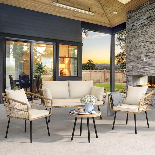 DWVO 4 Pieces Outdoor Furniture Set, Wicker Balcony Bistro Set with Loveseat Chairs Table Soft Cu... | Walmart (US)