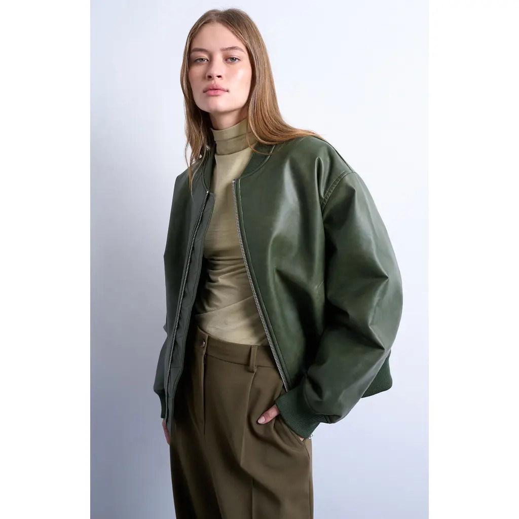 Topshop Oversize Faux Leather Bomber Jacket in Medium Green at Nordstrom, Size X-Small | Nordstrom