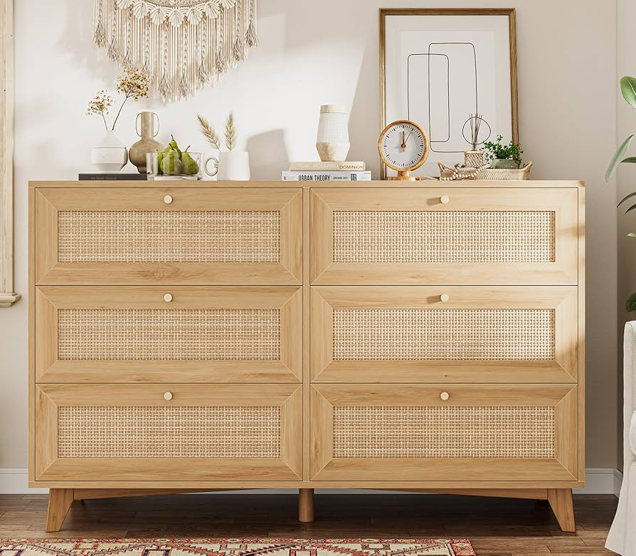 VIAGDO Rattan Dresser for Bedroom, 6 Drawer Dresser with Natural Rattan Drawers, Wooden Wide Dres... | Amazon (US)