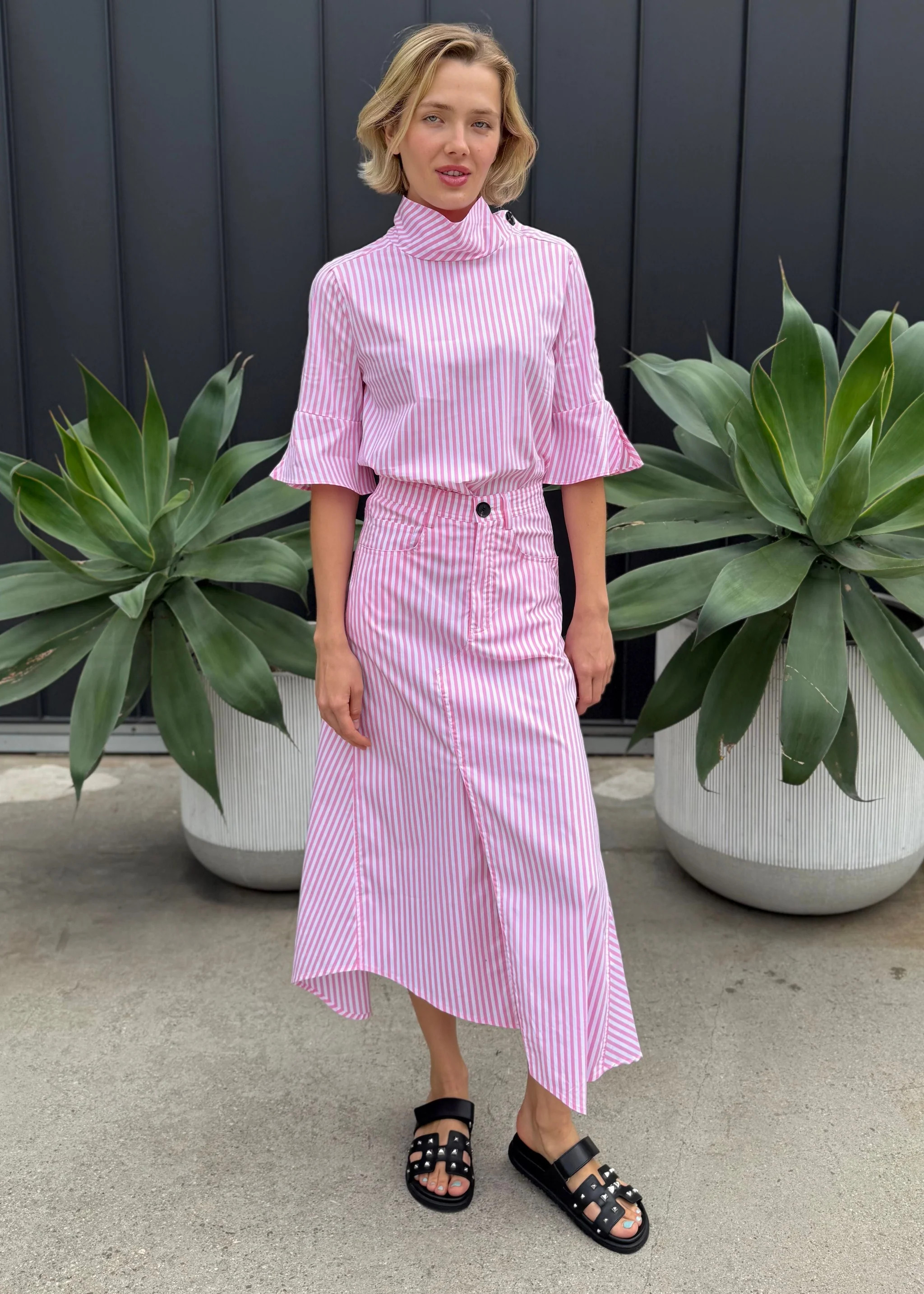 Kya Asymmetrical Hem Striped Midi Skirt - Light Pink | Benaar La