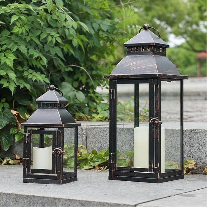 NEEDOMO Lanterns Decorative Outdoor&Indoor, Set of 2 Large Bronze Metal Lantern Decor with Glass,... | Amazon (US)