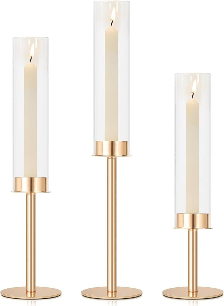 Gold Glass Hurricane Candle Holder Set of 3 Gold Taper Candle Holder with Glass Cover, Tall Candl... | Amazon (US)