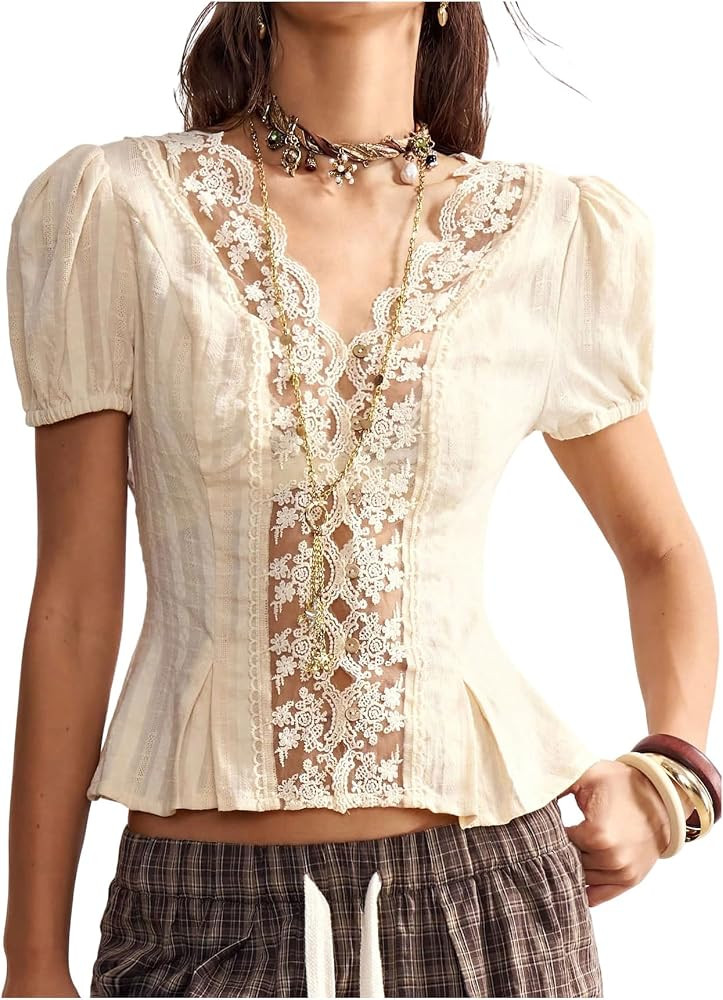 MakeMeChic Women's Floral Lace V Neck Peplum Tops Puff Sleeve Boho Blouse | Amazon (US)