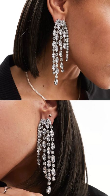 Drop earrings with teardrop crystal design in silver tone. Under £15. Affordable jewelry, statement piece.  Wardrobe staple. Timeless. Gift guide idea for her. Luxury, elegant, clean aesthetic, chic look, feminine fashion, trendy look, races outfit, wedding, baby shower, special event, gala, festive. Asos. 

#LTKfindsunder50 #LTKsalealert #LTKparties