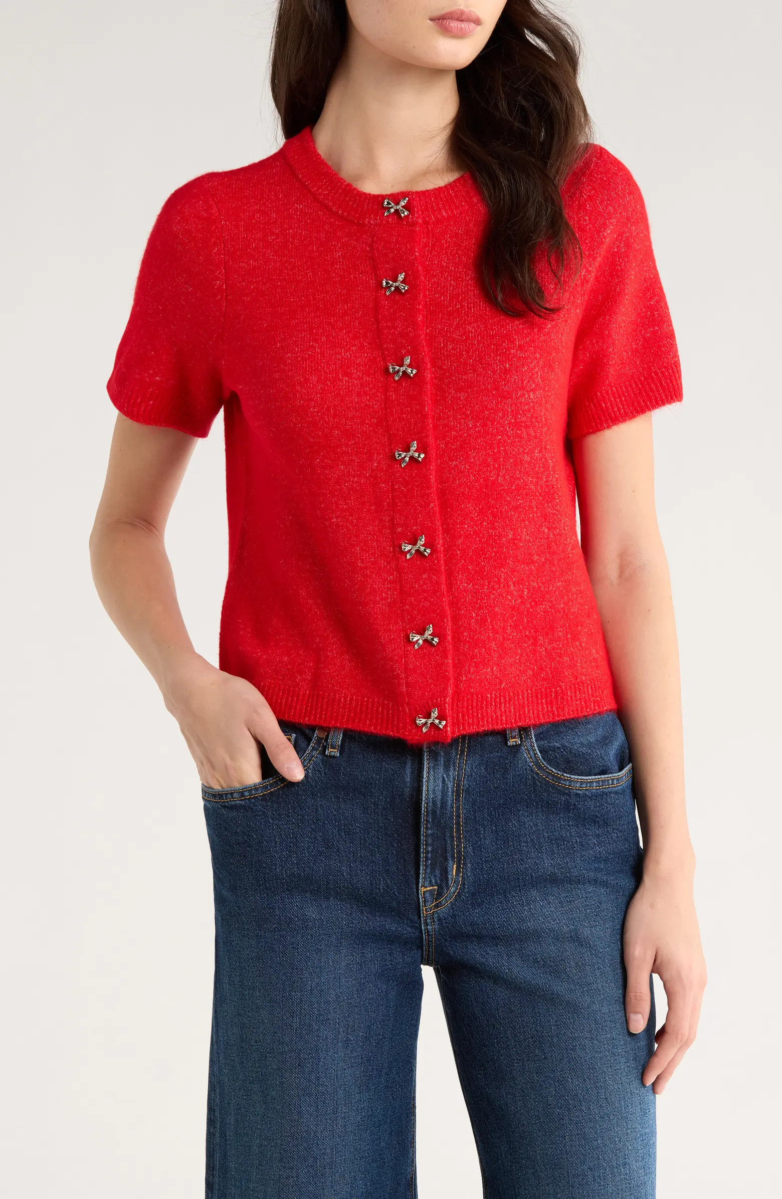 Short Sleeve Bow Button Cardigan | Nordstrom