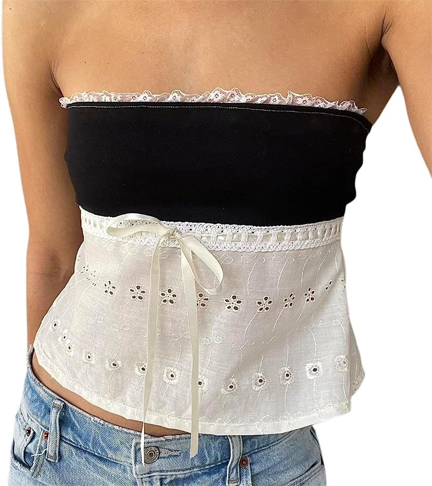 Sexy Lace Tube Tops for Women Strapless Y2k Cami Crop Top Bandeau Vest 90s 2000s Teen Girls Summe... | Amazon (US)