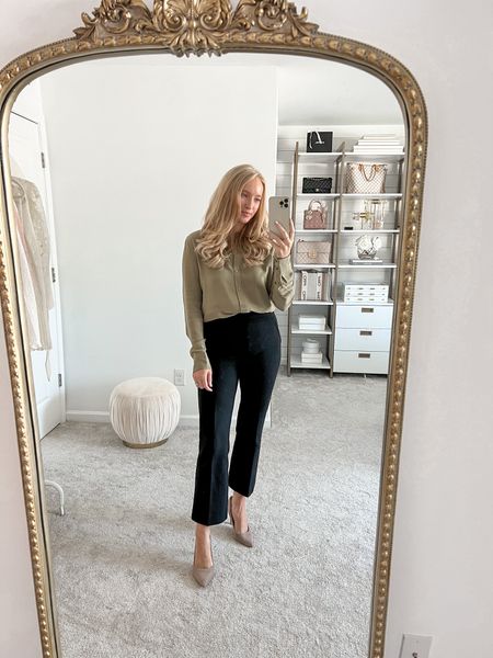 Brand new launch from spanx! Their new 100% silk blouse comes in 5 colors, I’m wearing a size small in sage and it has a relaxed fit. It’s long enough for leggings! 

I paired it with the new perfect black pant, kick flare in a size medium. These are my favorite work pants because they’re professional but comfortably. both top and black work pants are machine wa

Spanx promo code: amandajohnxspanx for 10% off 

Business casual work outfit 