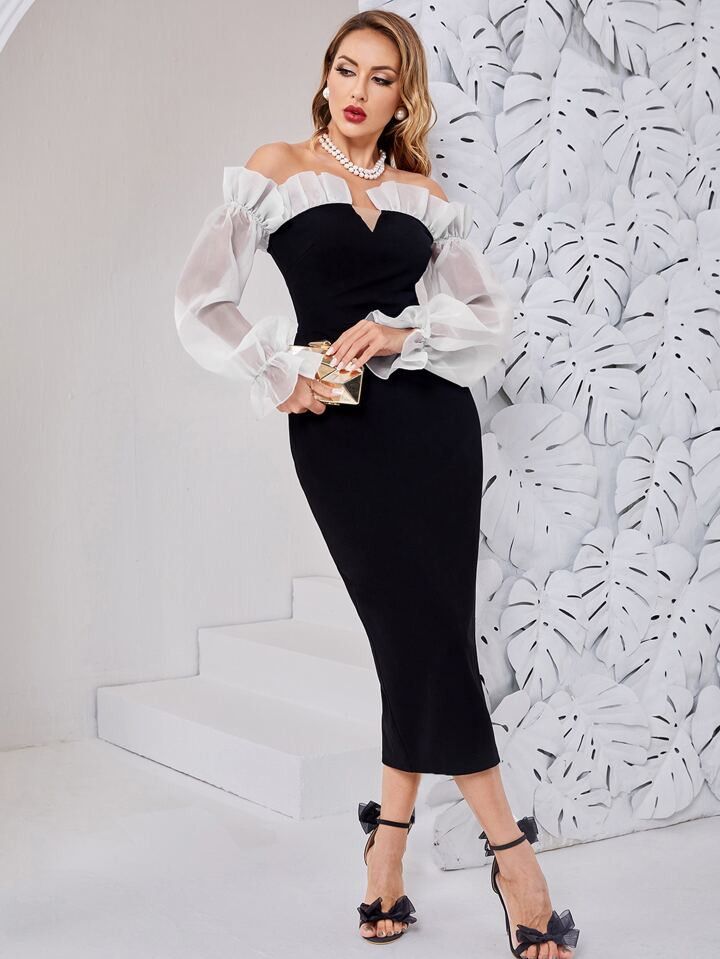 SHEIN Modely Figurbetontes Kleid mit Farbblock, Volant Ärmeln, Schlitz hinten | SHEIN