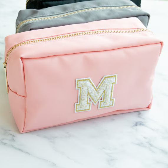 Personalized Monogram Nylon Makeup Bag - Chenille Gold Monogram Patch Black Pink Gray Make Up Bag... | Etsy (US)
