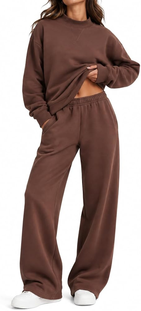 SUUKSESS Women Cotton 2 Piece Outfit Mock Neck Sweatshirt Wide Leg Pants | Amazon (US)