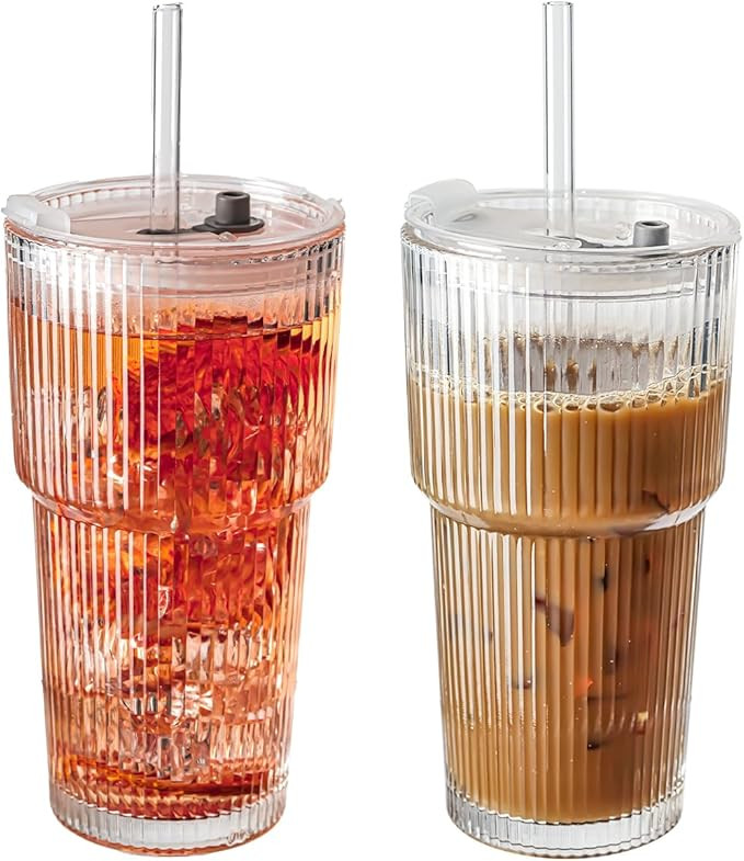 20oz Ribbed Glass Tumblers with Lids & Straws, Ideal for Iced Coffee, Cocktails & More - Includes... | Amazon (US)