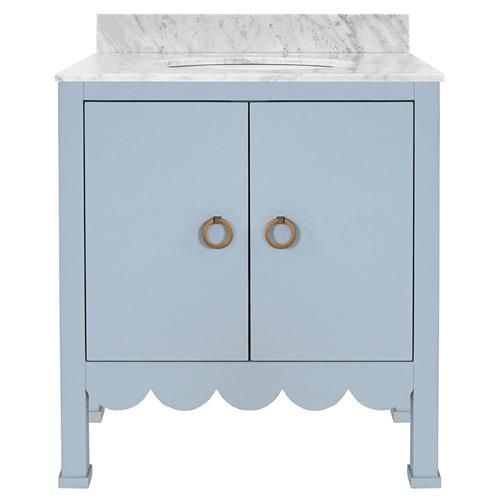Kesley Modern Classic White Marble Light Blue Wood Scalloped Bath Vanity Sink | Kathy Kuo Home