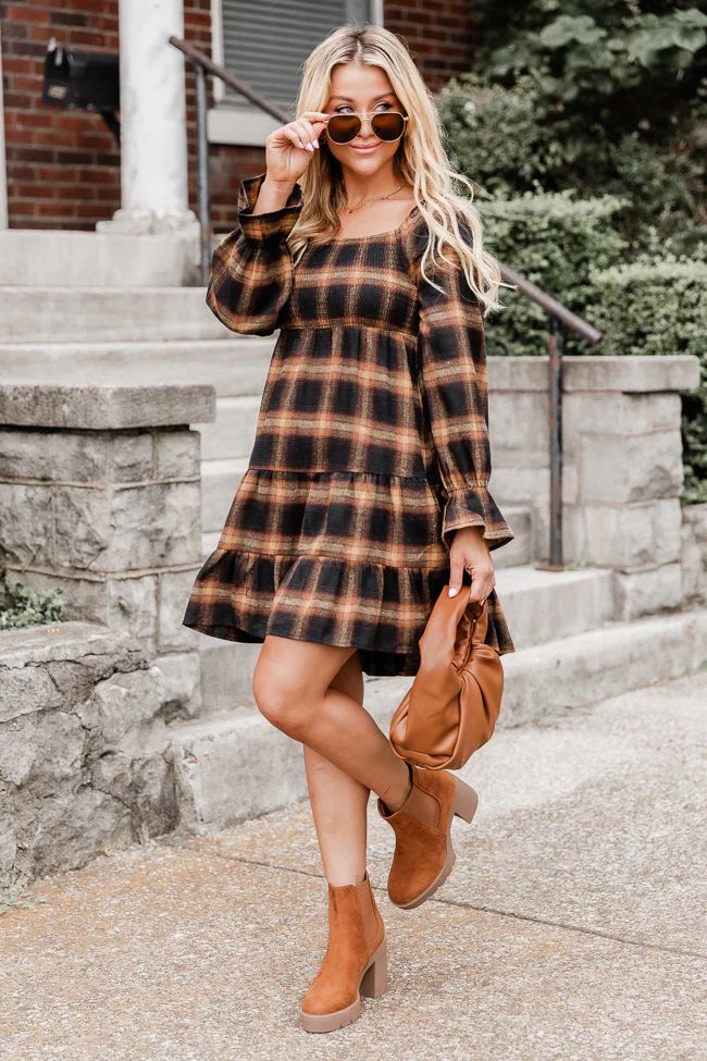Your Time To Shine Brown Plaid Long Sleeve Smocked Bust Mini Dress | Pink Lily