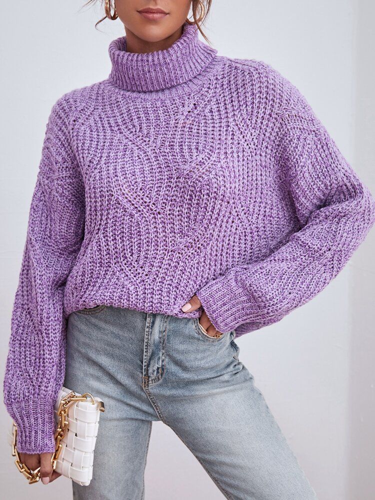 High Neck Drop Shoulder Marled Sweater | SHEIN