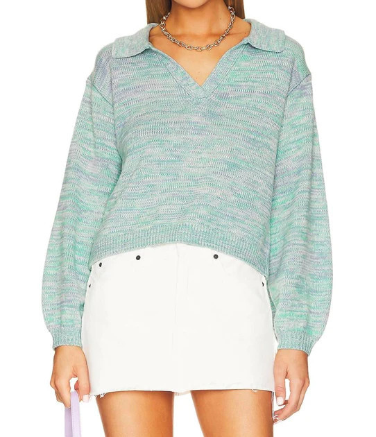 Lattice Split Neck Collar Pull Over In Cyan Multi | Shop Simon